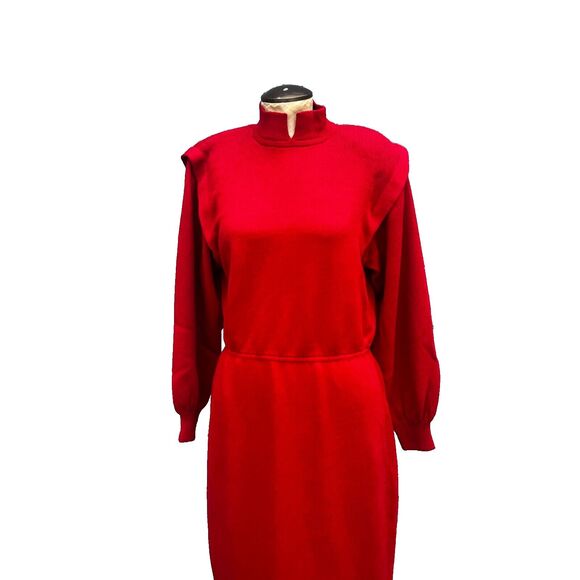 Vintage St. John Marie Red Knit Midi Dress Women's 10 80s Big Shoulders - Picture 4 of 10